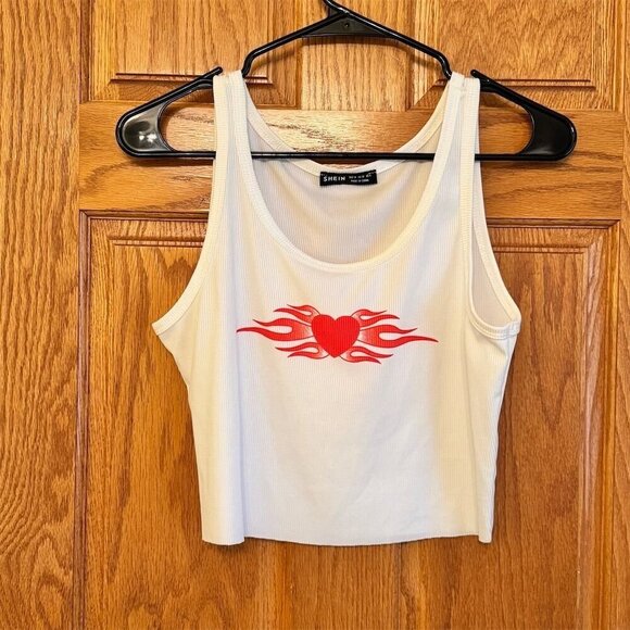 SHEIN Tops - SHEIN Women's White Cropped Tank Top Red Flaming Heart Design Size M